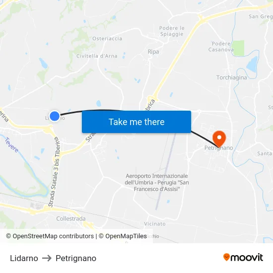 Lidarno to Petrignano map