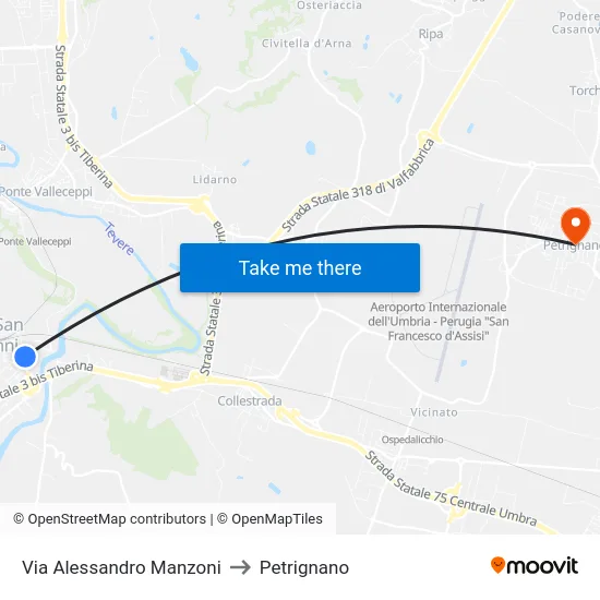 Via Alessandro Manzoni to Petrignano map