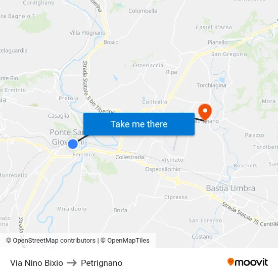 Nino Bixio Street to Petrignano map