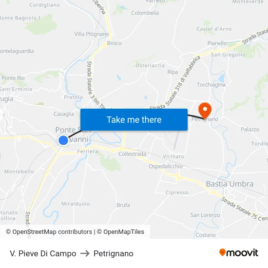 V. Pieve Di Campo to Petrignano map