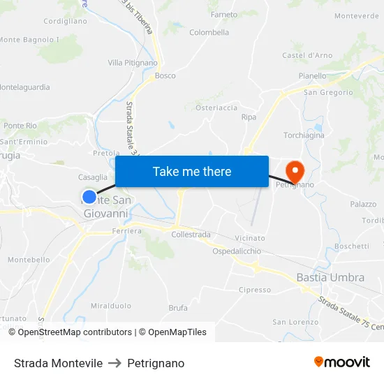 Montevile Road to Petrignano map