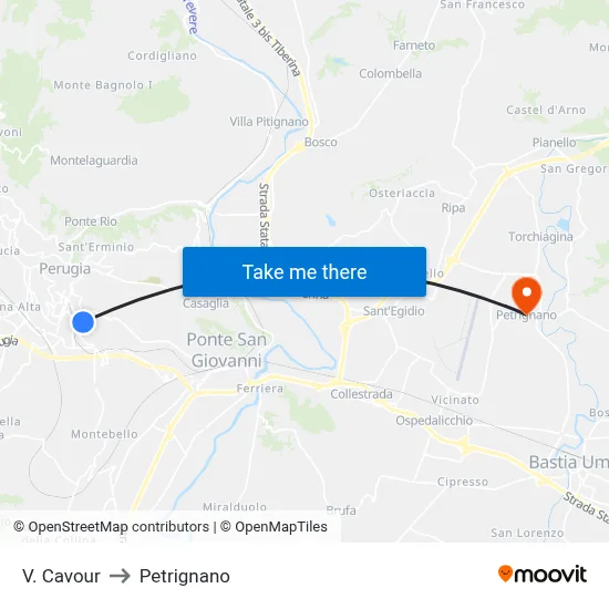 Cavour Street to Petrignano map