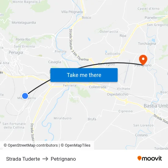 Tuderte Road to Petrignano map
