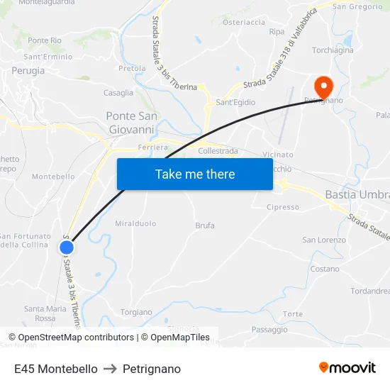 E45 Montebello to Petrignano map