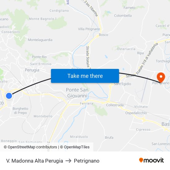 V. Madonna Alta Perugia to Petrignano map
