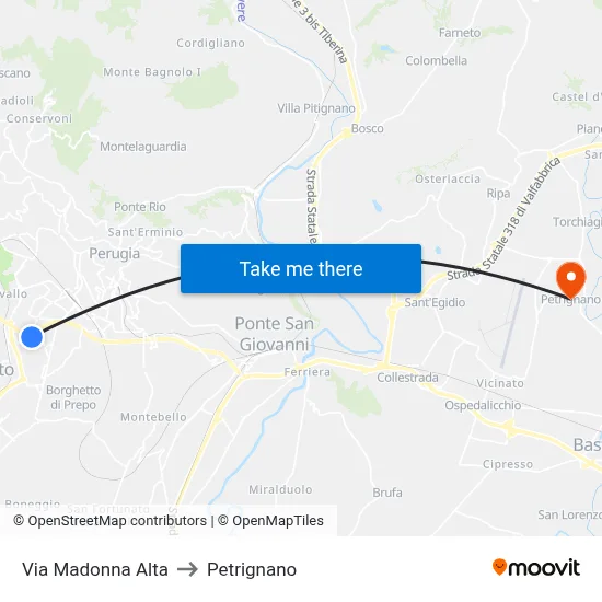 Madonna Alta Street to Petrignano map