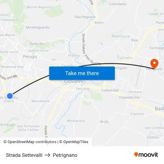 Settevalli Road to Petrignano map