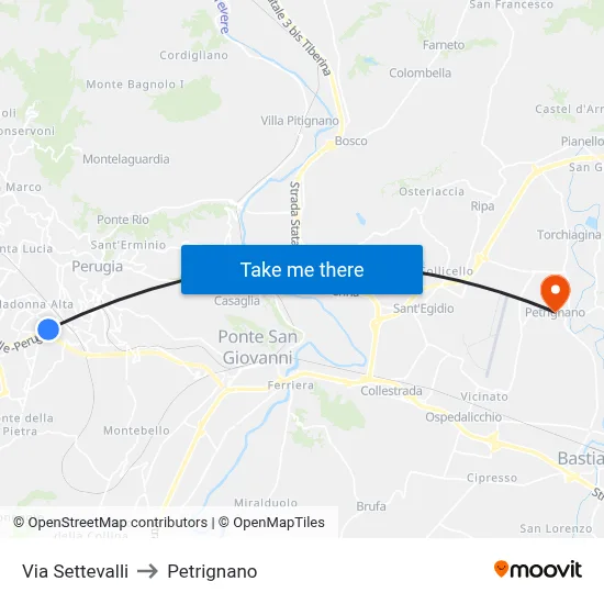 Settevalli Street to Petrignano map