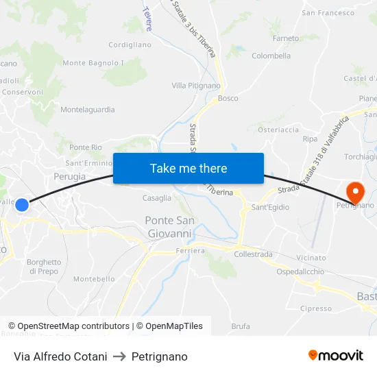 Via Alfredo Cotani to Petrignano map