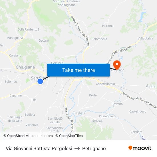 Via Giovanni Battista Pergolesi to Petrignano map