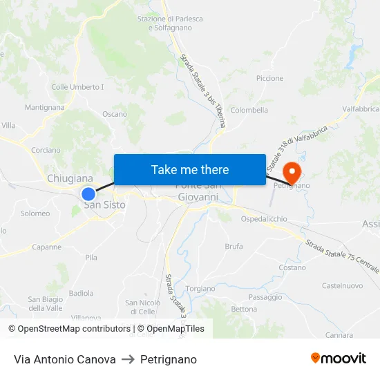 Via Antonio Canova to Petrignano map