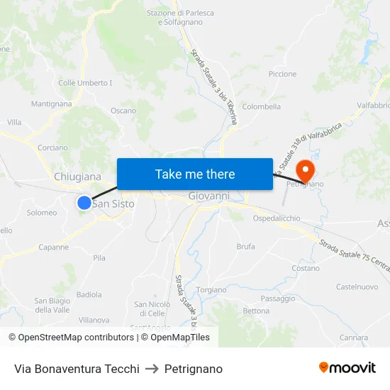 Via Bonaventura Tecchi to Petrignano map