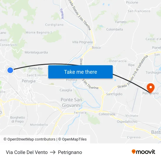 Via Colle Del Vento to Petrignano map