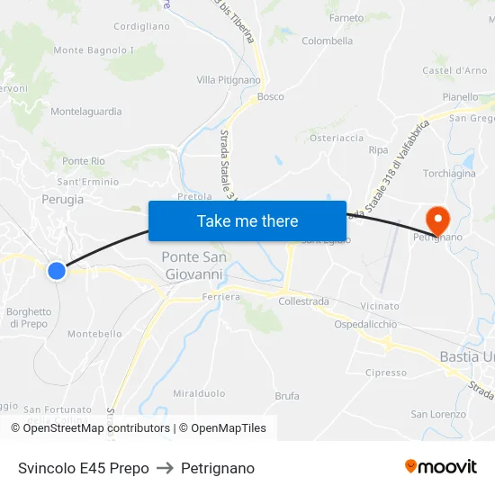 Svincolo E45 Prepo to Petrignano map