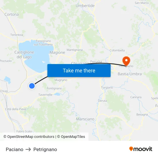 Paciano to Petrignano map