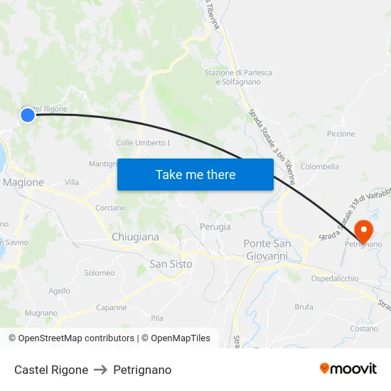 Castel Rigone to Petrignano map