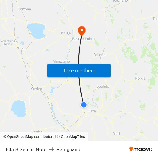 E45 S.Gemini Nord to Petrignano map