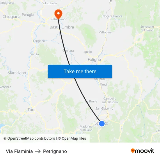 Via Flaminia to Petrignano map