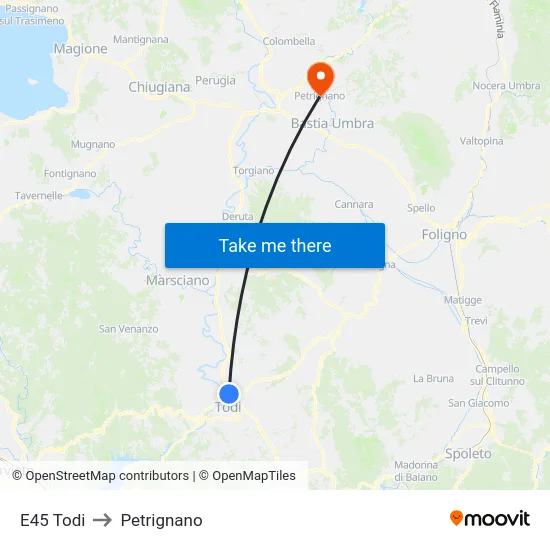 E45 Todi to Petrignano map