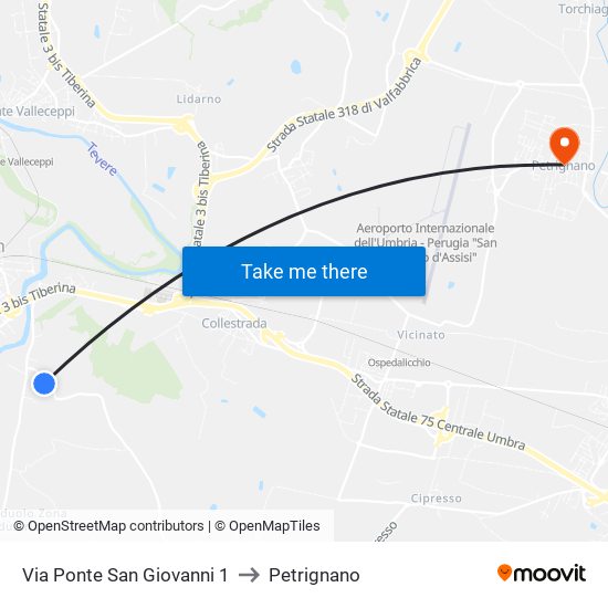 Via Ponte San Giovanni 1 to Petrignano map