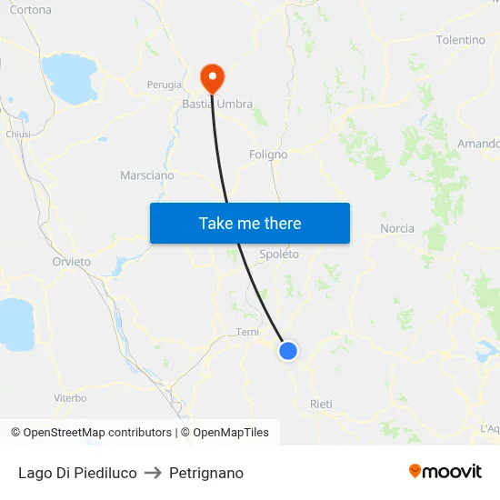 Lake Piediluco to Petrignano map