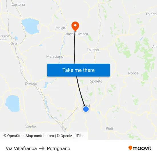 Via Villafranca to Petrignano map