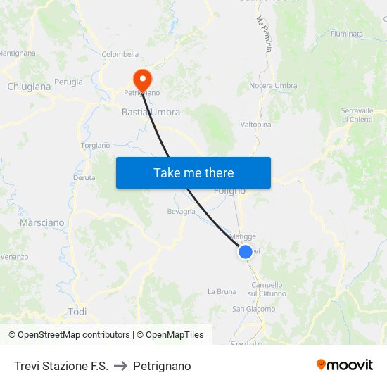 Trevi Stazione F.S. to Petrignano map