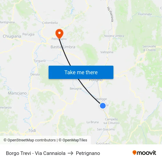 Borgo Trevi - Via Cannaiola to Petrignano map