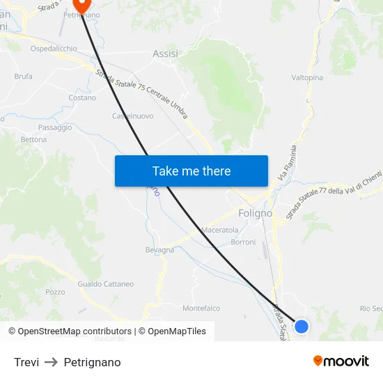 Trevi to Petrignano map