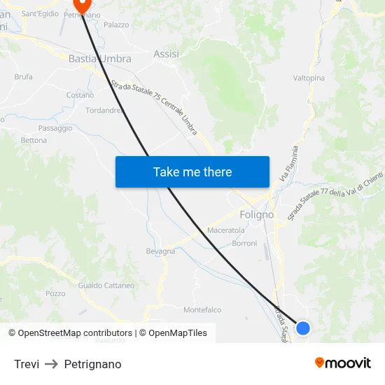 Trevi to Petrignano map