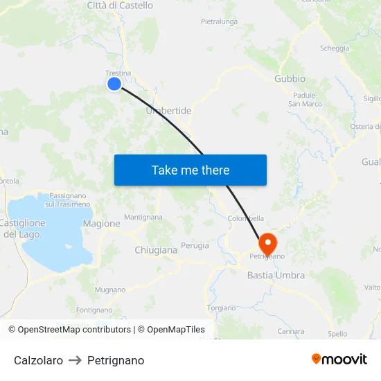 Calzolaro to Petrignano map