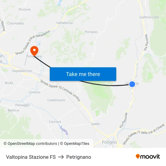 Valtopina Stazione FS to Petrignano map
