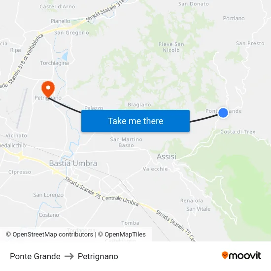 Ponte Grande to Petrignano map
