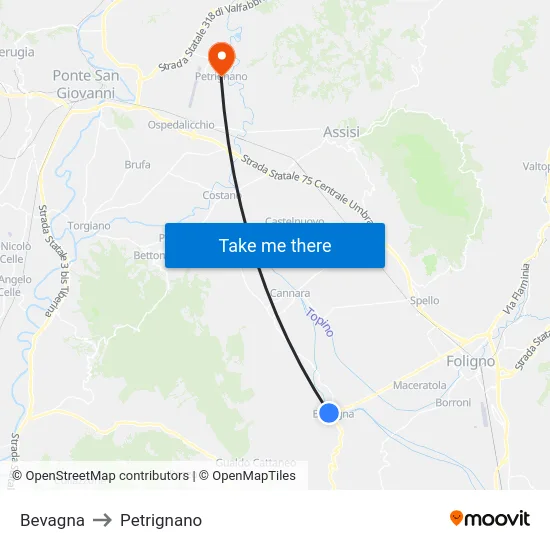 Bevagna to Petrignano map