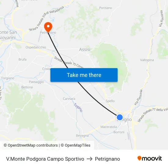 Monte Podgora Sports Field to Petrignano map