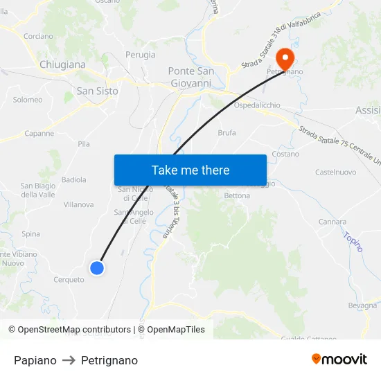 Papiano to Petrignano map