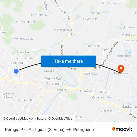 Perugia P.za Partigiani (S. Anna) to Petrignano map