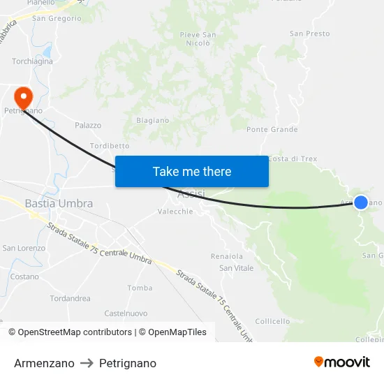 Armenzano to Petrignano map
