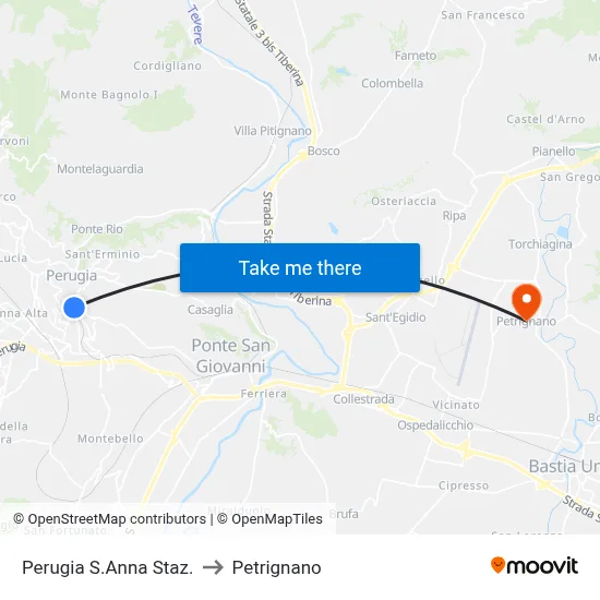 Perugia Saint Anna Station to Petrignano map