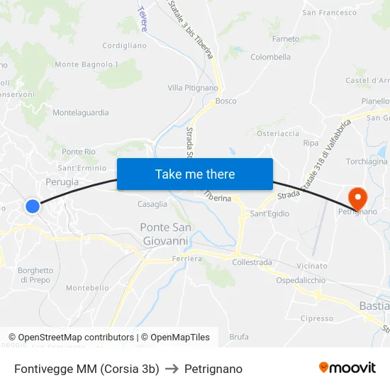 Fontivegge M​M (Corsia 3b) to Petrignano map
