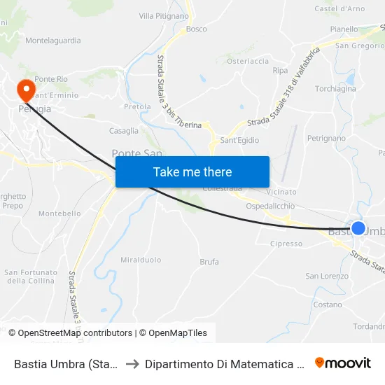 Bastia Umbra (Stazione Fs) to Dipartimento Di Matematica E Informatica map