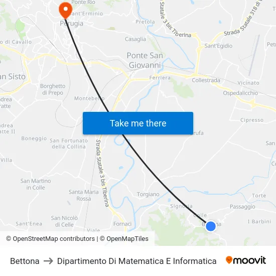 Bettona to Dipartimento Di Matematica E Informatica map