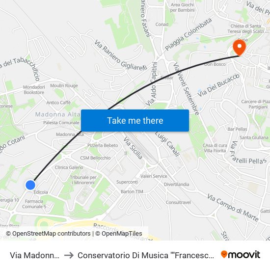 Via Madonna Alta to Conservatorio Di Musica ""Francesco Morlacchi"" map