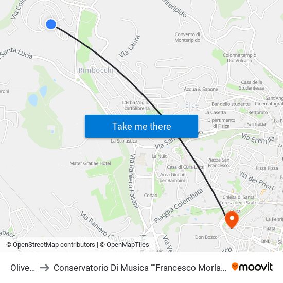 Oliveto to Conservatorio Di Musica ""Francesco Morlacchi"" map