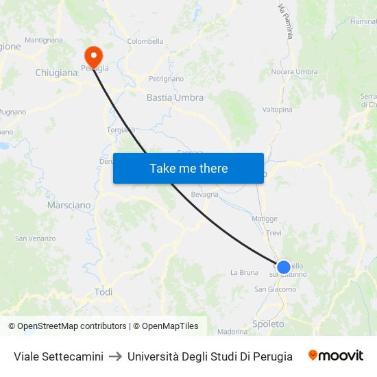 Viale Settecamini to Università Degli Studi Di Perugia map