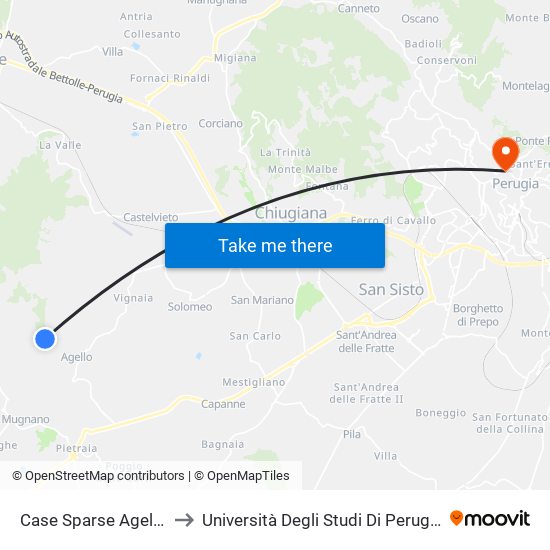 Case Sparse Agello to Università Degli Studi Di Perugia map