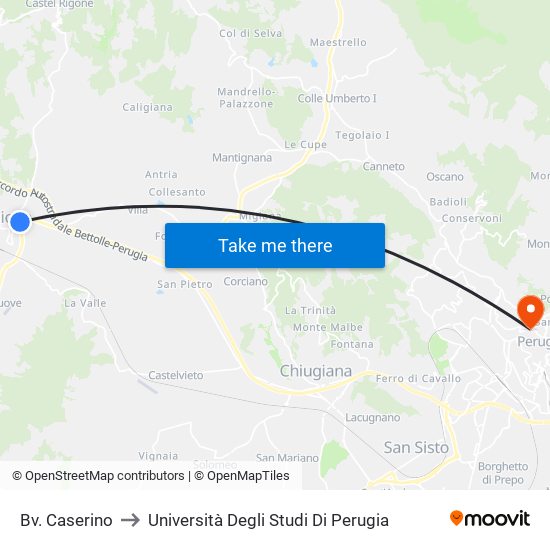 Bv. Caserino to Università Degli Studi Di Perugia map