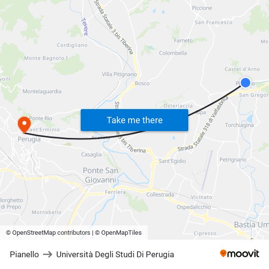 Pianello to Università Degli Studi Di Perugia map