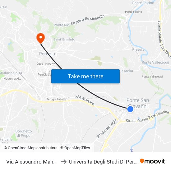 Via Alessandro Manzoni to Università Degli Studi Di Perugia map