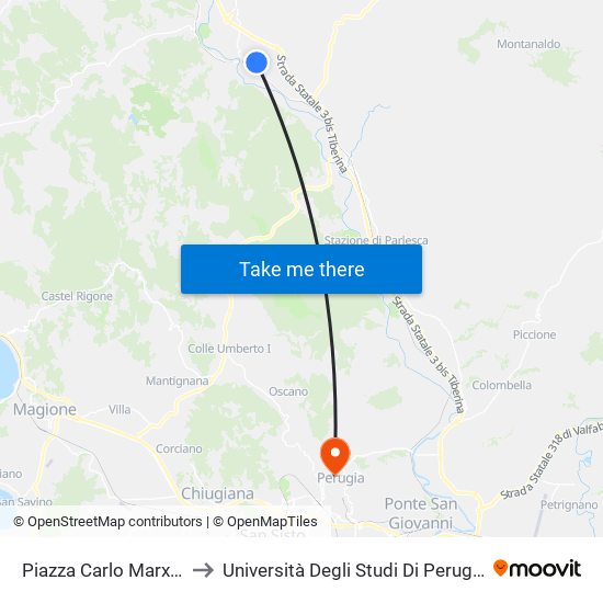Piazza Carlo Marx 1 to Università Degli Studi Di Perugia map